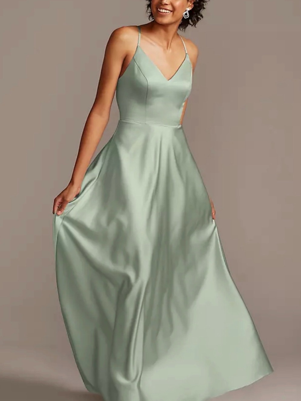 Sage Spaghetti Strap Satin Bridesmaid Dress